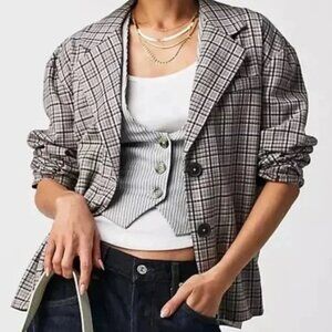 We the Free Cali Boxy Plaid Blazer | Size Large | Lavender Black Grey Jacket